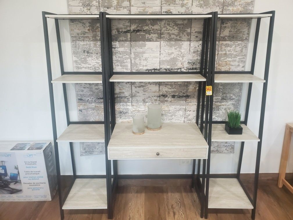 69 Inch 3 Piece Ladder Desk Set, 1 Drawer, 7 Shelves, Gray, Black