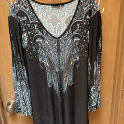 Citiknits Top Womens XL Black Effortless Style V-Neck Blouse Knit Paisley Tunic