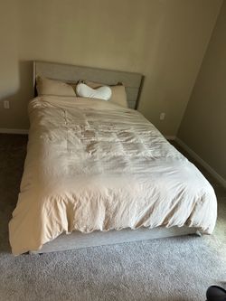 Queen Upholstered Storage Bed + Memory Foam Mattress + Protector (1 Year Old)