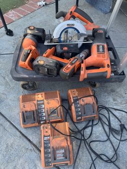 10 piece RIDGID Cordless Power Tool Set with Chargers