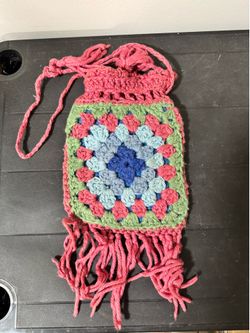 Vintage  Handmade Crocheted Granny Square Drawstring Pouch/Bag
