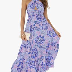 ZESICA Women's Summer Crossover Halter Neck Sleeveless Plaid Cut Out Backless Flowy A Line Maxi, S