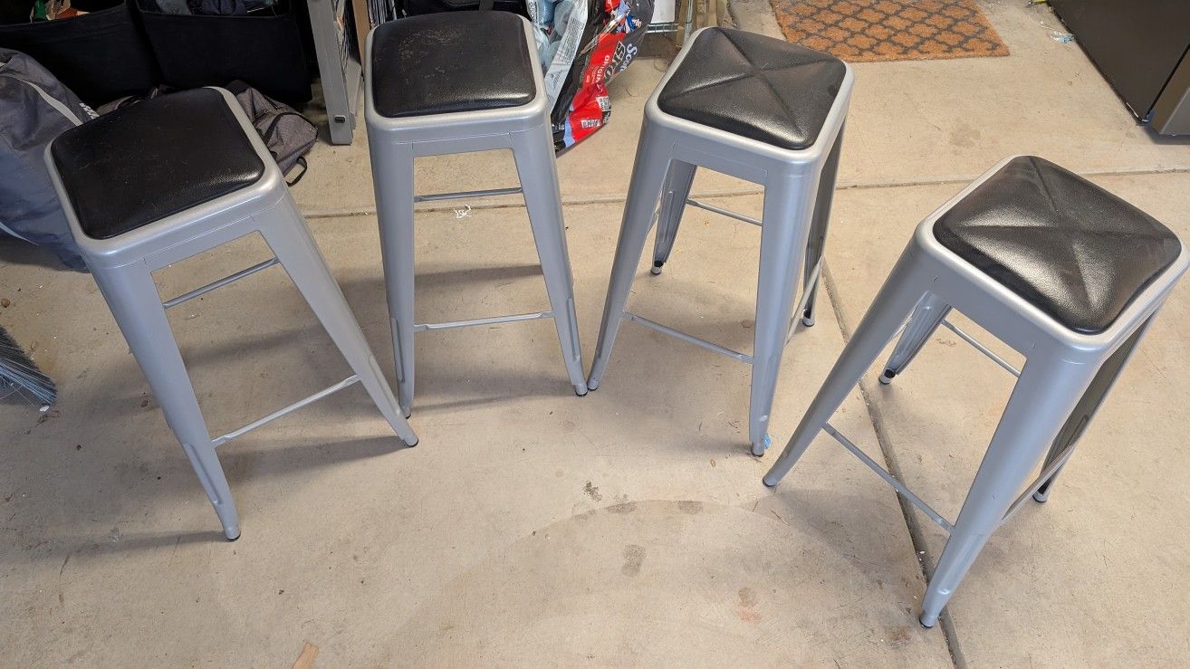 Four (4x) Bar Height Metal Stools with Padded Seats