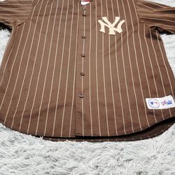 Size XXL Vintage 90s New York Yankees Made USA Brown Beige Pinstripe Jersey.
