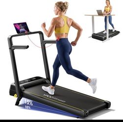 YPOO Foldable Treadmill with Adjustable Incline Platform, featuring a 3-level adjustable incline