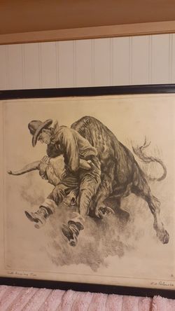 Vintage R. H. Palenske Etching. Signed and Titled " Bull Dogging" 12.5"×13"