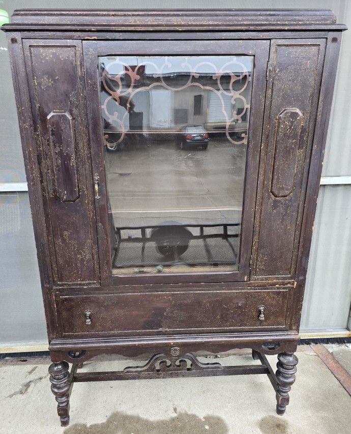 Antique Glass Door Wood China Cabinet Hutch Curio w/ Drawer & Shelves to Restore