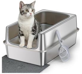 New Stainless Steel Litter Box with Metal Lid and Scoop - Enclosed Metal Litter Box for Large Cats, Rust-Resistant, Odor-Control, Easy to Clean, Durab