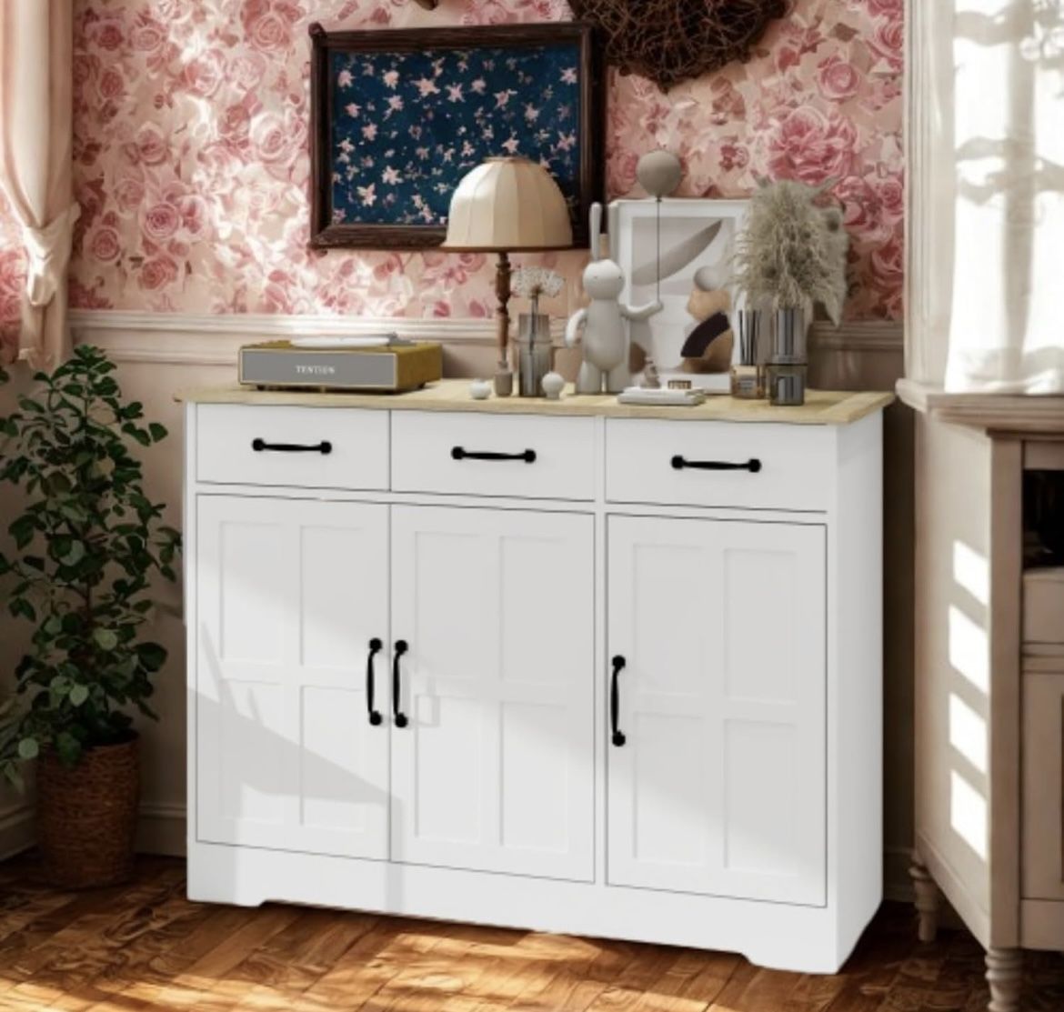 Newly Assembled Buffet Cabinet Storage Sideboard 3 Drawers & 3 Doors Adjustable Shelves