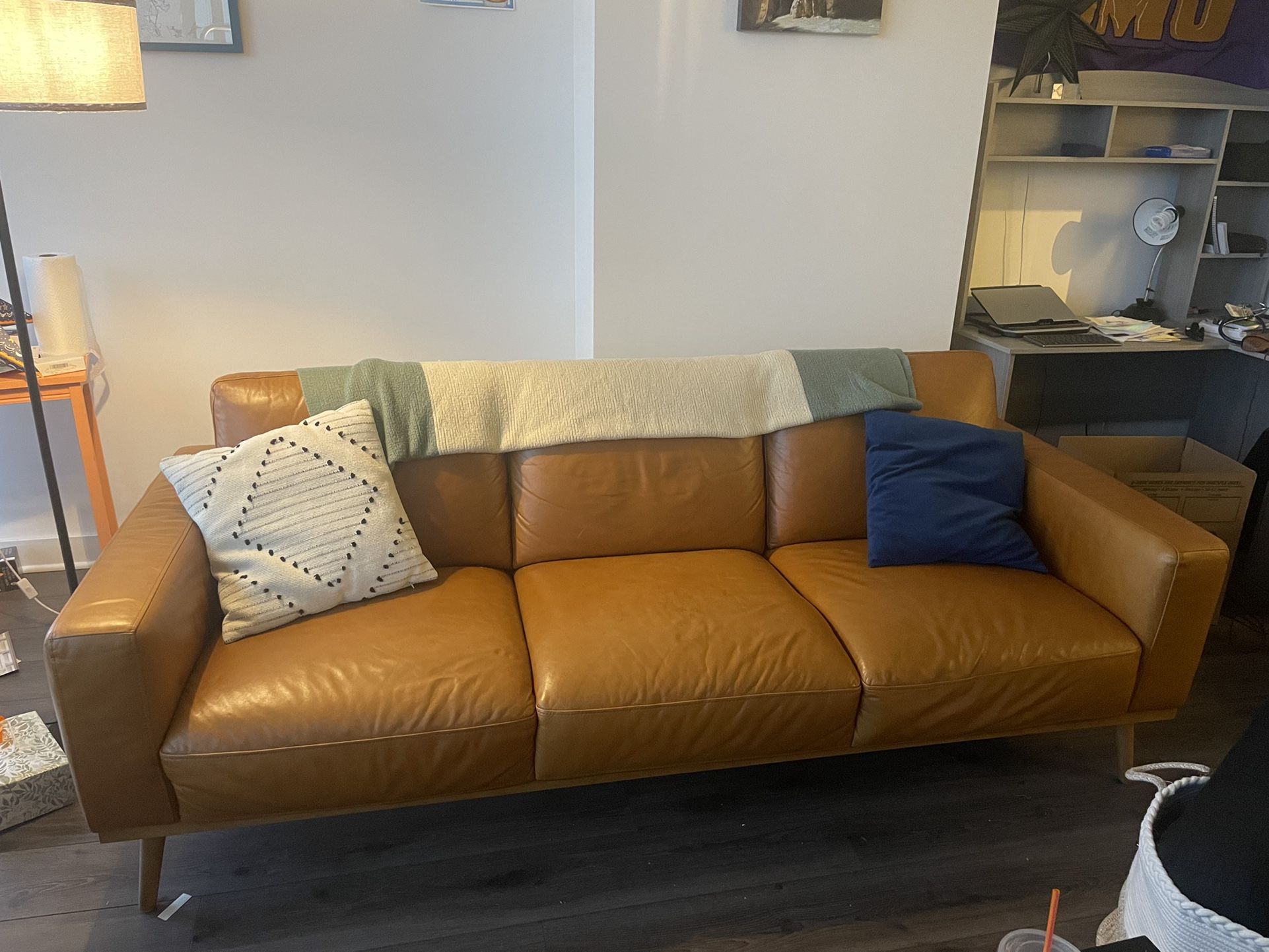 Comfortable, Modern Tan Faux Leather Couch 