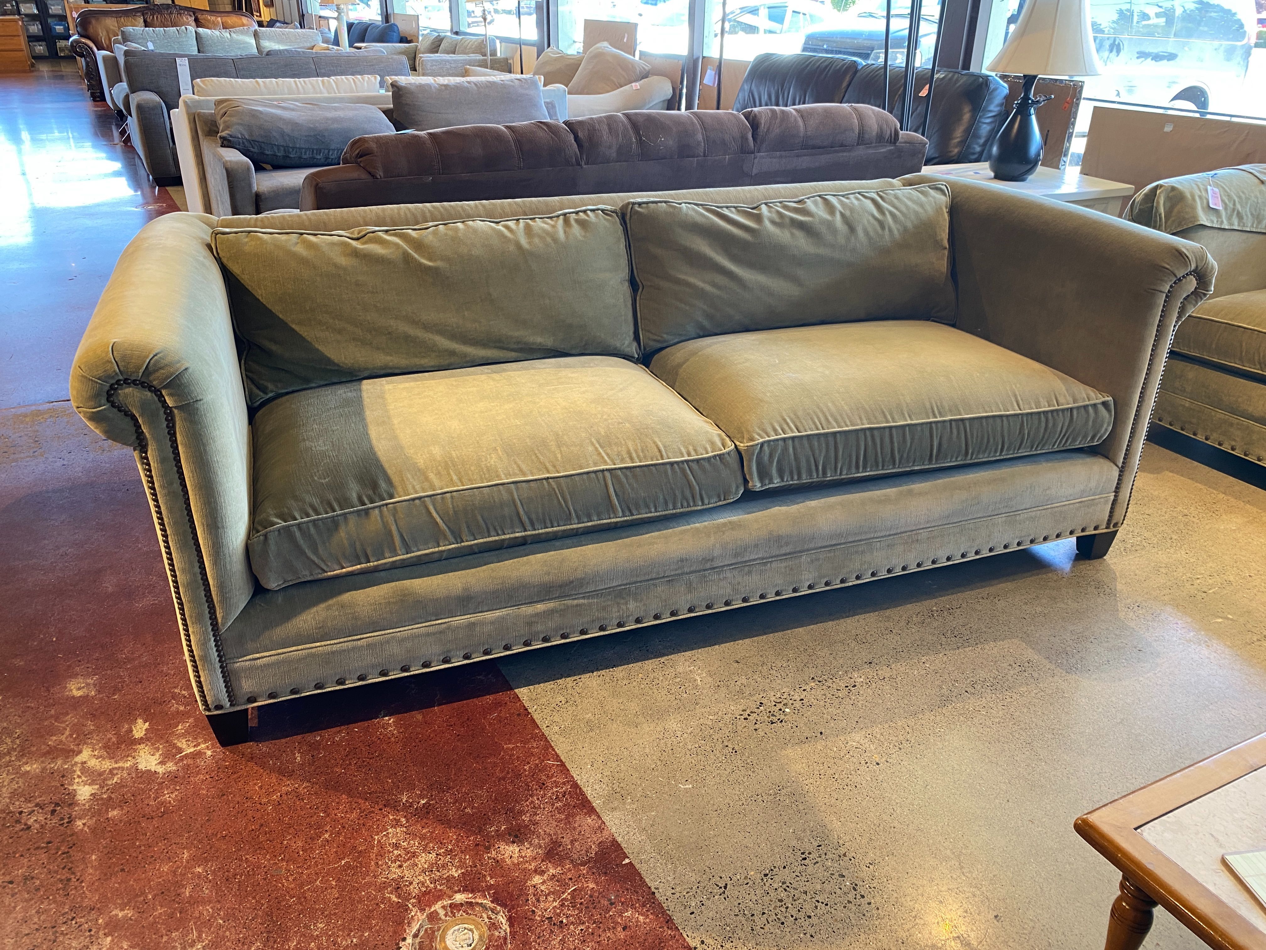 MITCHELL GOLD Olive Green Velvet Sofa with Nailhead Detail