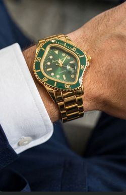 Men's Gold & Green Dial Quartz Watch - Square Bezel - New