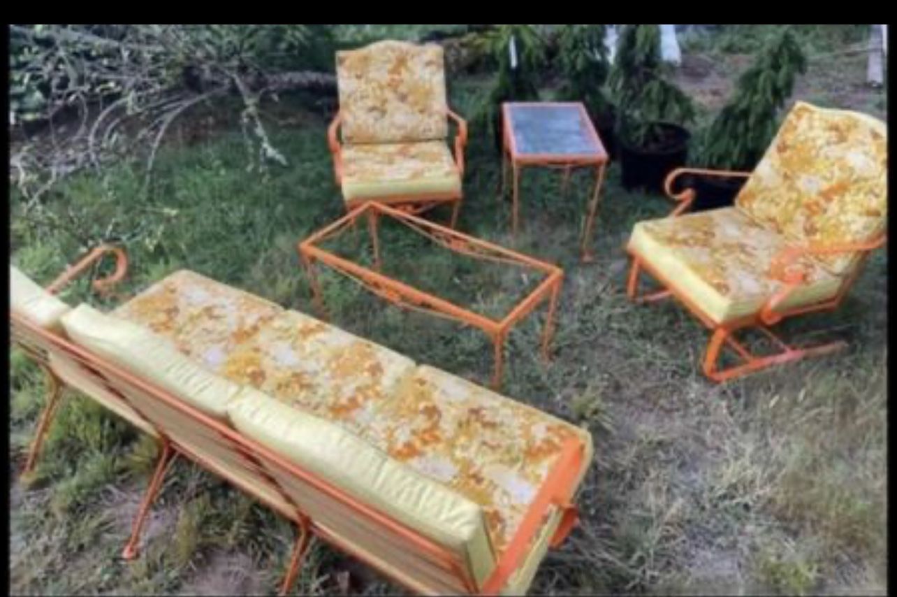 Vintage MCM metal patio set.  This set has been sandblasted and repainted.  2 tables, sofa and 2 chairs.