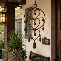 VINTAGE Rustic Collectible Hanging Garden Patio ANTIQUE PRIMITIVE HEART SHAPED WIND CHIME CAMEL Heart  BELLS METAL RUSTY
