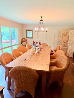 Custom 13’ Pine Dining Table + Woven Leather Chairs