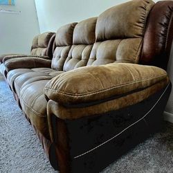 3+2 Brown Reclining Sofa Set with USB Charger