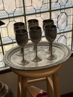 7 pc metal wine set made and hand painted from India