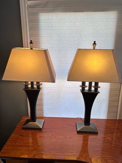 Pair of Modern Dark Brown Leather & Brushed Metal Table Lamps with Shades