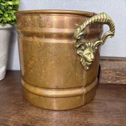 Vintage Copper Pot With Brass Lion Handles 