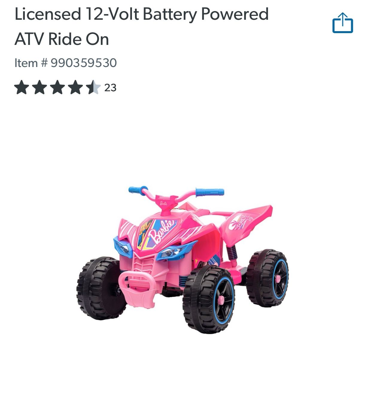 New Barbie Kids ATV Ride On, 12 V Battery