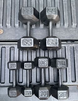PAIR OF RUBBER BLACK STEEL HEX DUMBBELLS (PAIRS OF) : 15s 30s 55s