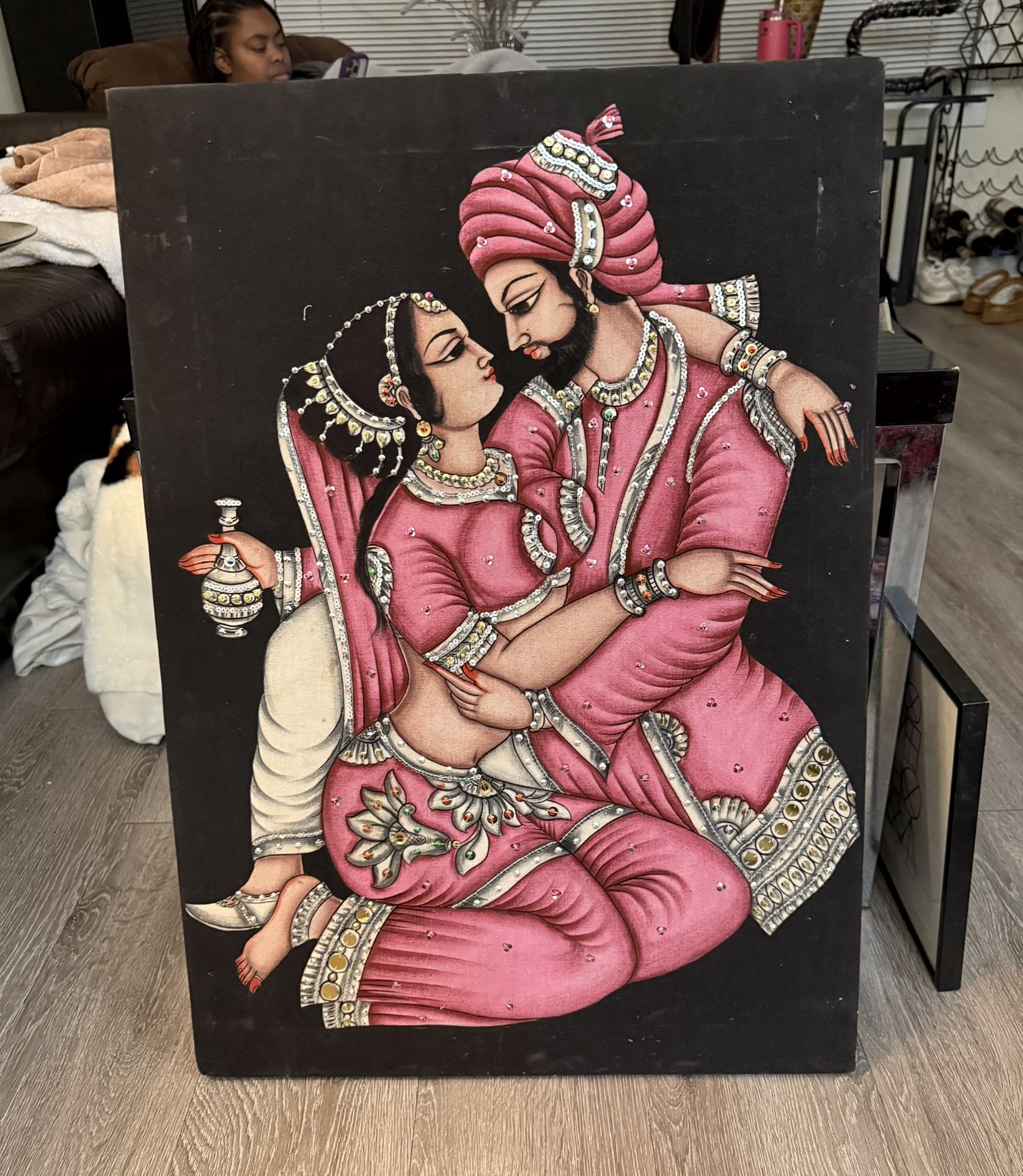 Sequined & Jeweled India Handpainted Fabric Textile Wall Art 21x28