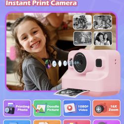 2.4 Inch Screen Kids Camera for Girls with Zero Ink Print Paper,Birthday Gift for Girls Boys Age 3-12,1080P Instant Camera