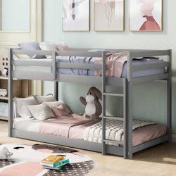 Merax Twin Over Twin Bunk Bed, Twin Bunk Bed Low Bunk Beds with Ladder, Space-Saving Design, No Boxing Spring Needed, Gray