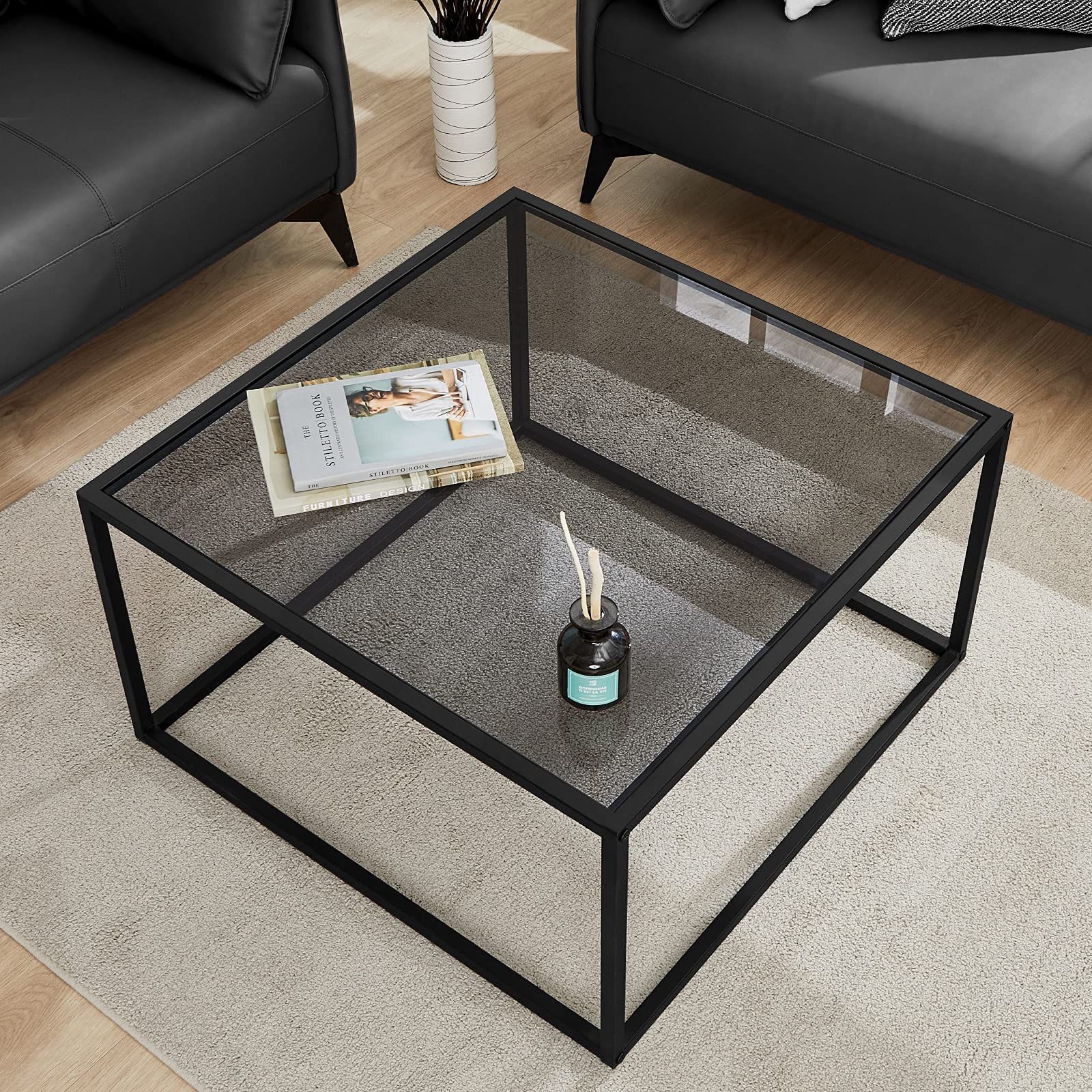 Glass Coffee Table, Small Modern Coffee Table Square Simple Center Tables for Living Room 26.7 x 26.7 x 15.7 Inches, Gray Black