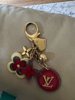 Louis Vuitton LV Logo Floral Flower Charm Key Chain Gold Red Blue Keyring