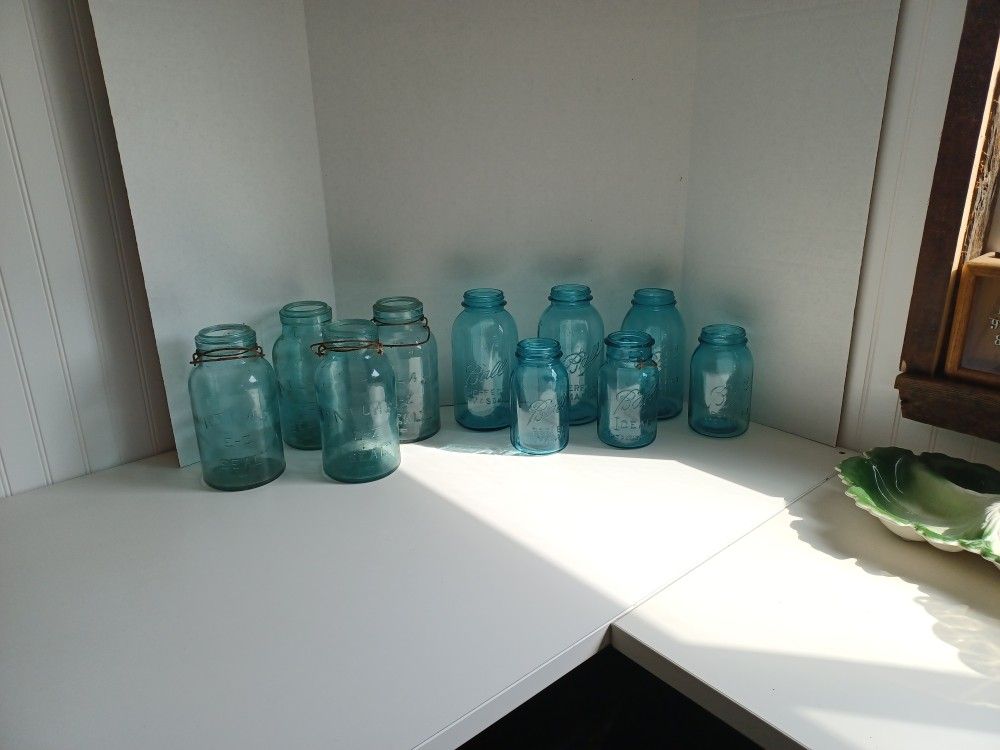 Lot Of 10 Vintage BALL & ATLAS Canning Jars Quart & Half Gallon