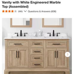 Home Decorators Collection Doveton 60 in. Double Sink Freestanding Weathered Tan Bath Vanity with White Engineered Marble Top (Assembled)