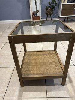 Wood And Rattan Accent Table With Glass top