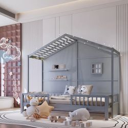 TWIN SIZE HOUSE BED WITH SHELVES/ Solid Wood 