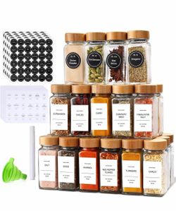 DIMBRAH Spice Jars with Label-4oz 36Pcs, Glass Spice Jars with Bamboo Lids, Container Set with White Printed Labels,Kitchen Empty Jars with Shaker Lid