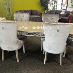 7 Pc Silver Mirrored Dining Table Set Brand New In Box