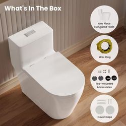 Wholesale toilets。Elongated One-Piece ADA Comfort Height Toilet, Dual Flush 1.1/1.6 GPF, 12" Rough-In, White