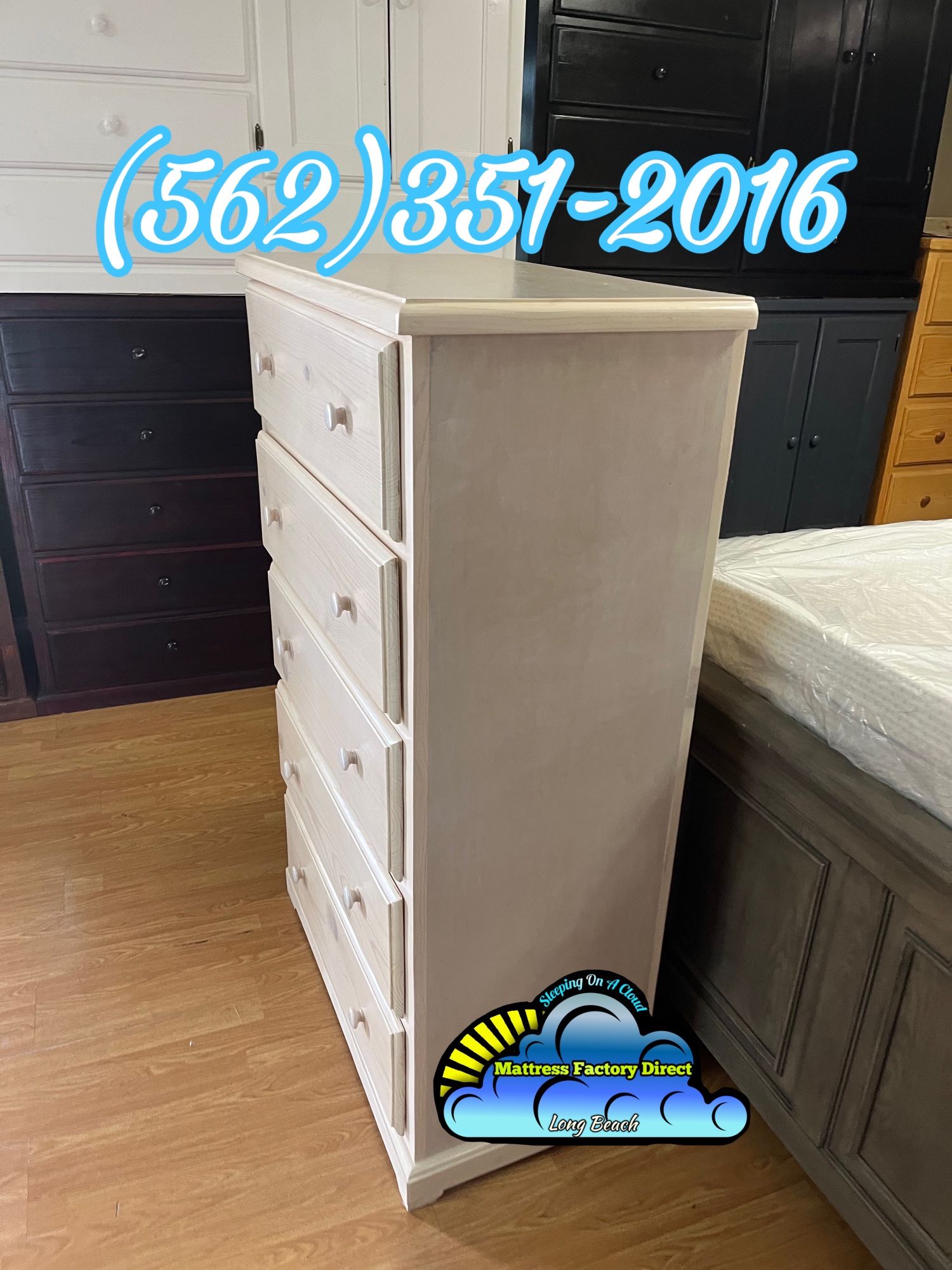 White Jumbo 5 Drawer Double Knob White Wash Dresser- Cajonera Blanca Alto 5 Cajones 