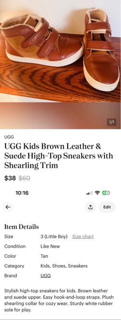 UGG Kids Brown Leather & Suede High-Top Sneakers with Shearling Trim