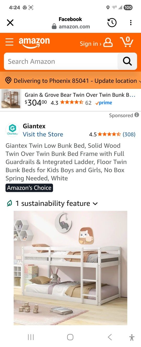 Twin Low Bunk Bed. One Mattress White Wood