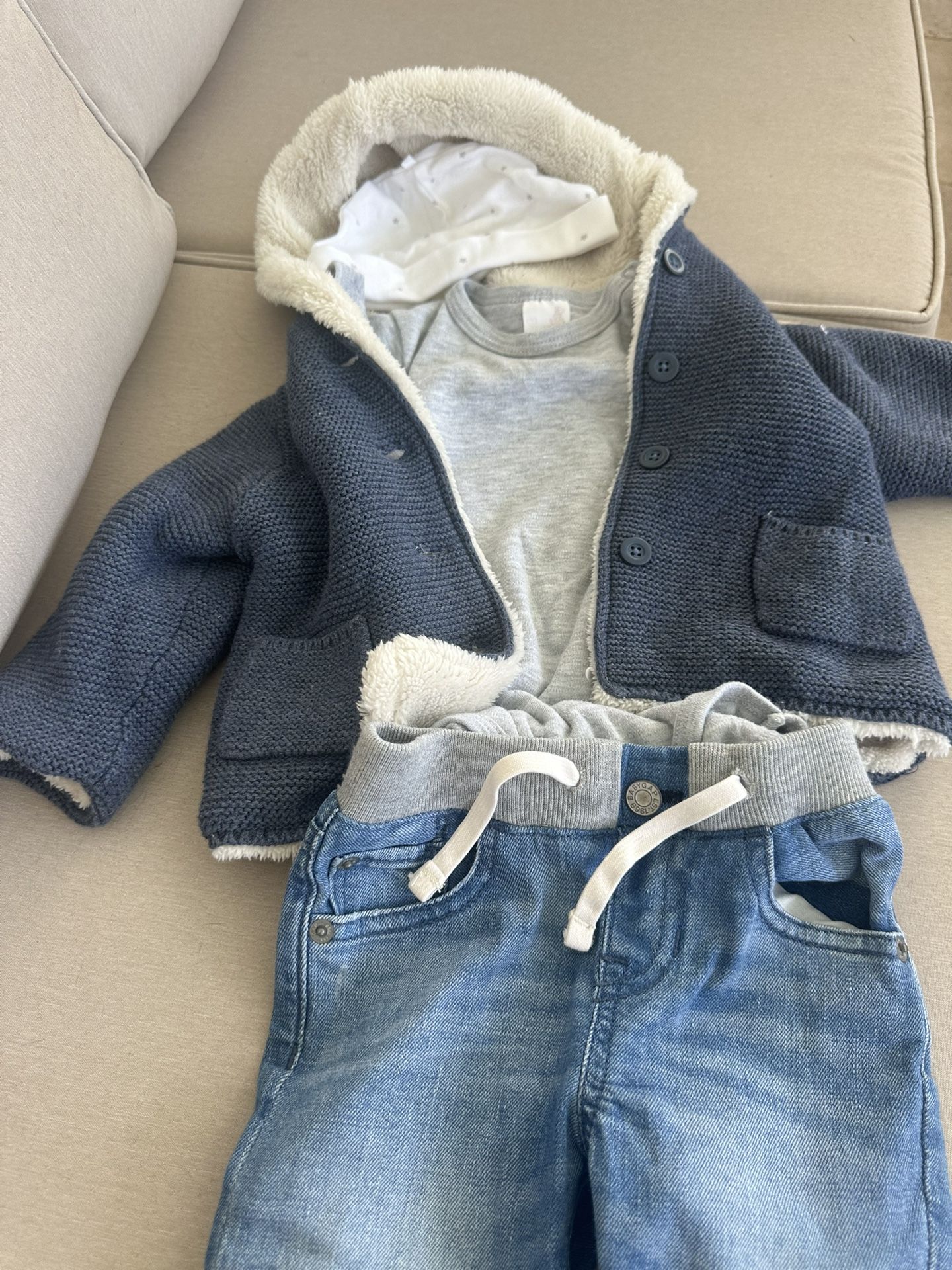 Cozy Blue Knit Jacket and Denim Set
