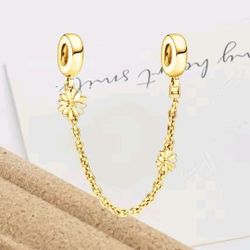 Gold Daisy Flower Safety Chain Charm For Pandora Bracelet And Cuff 