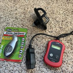 Car tools: OBDII code reader, digital tire gauge, phone holder