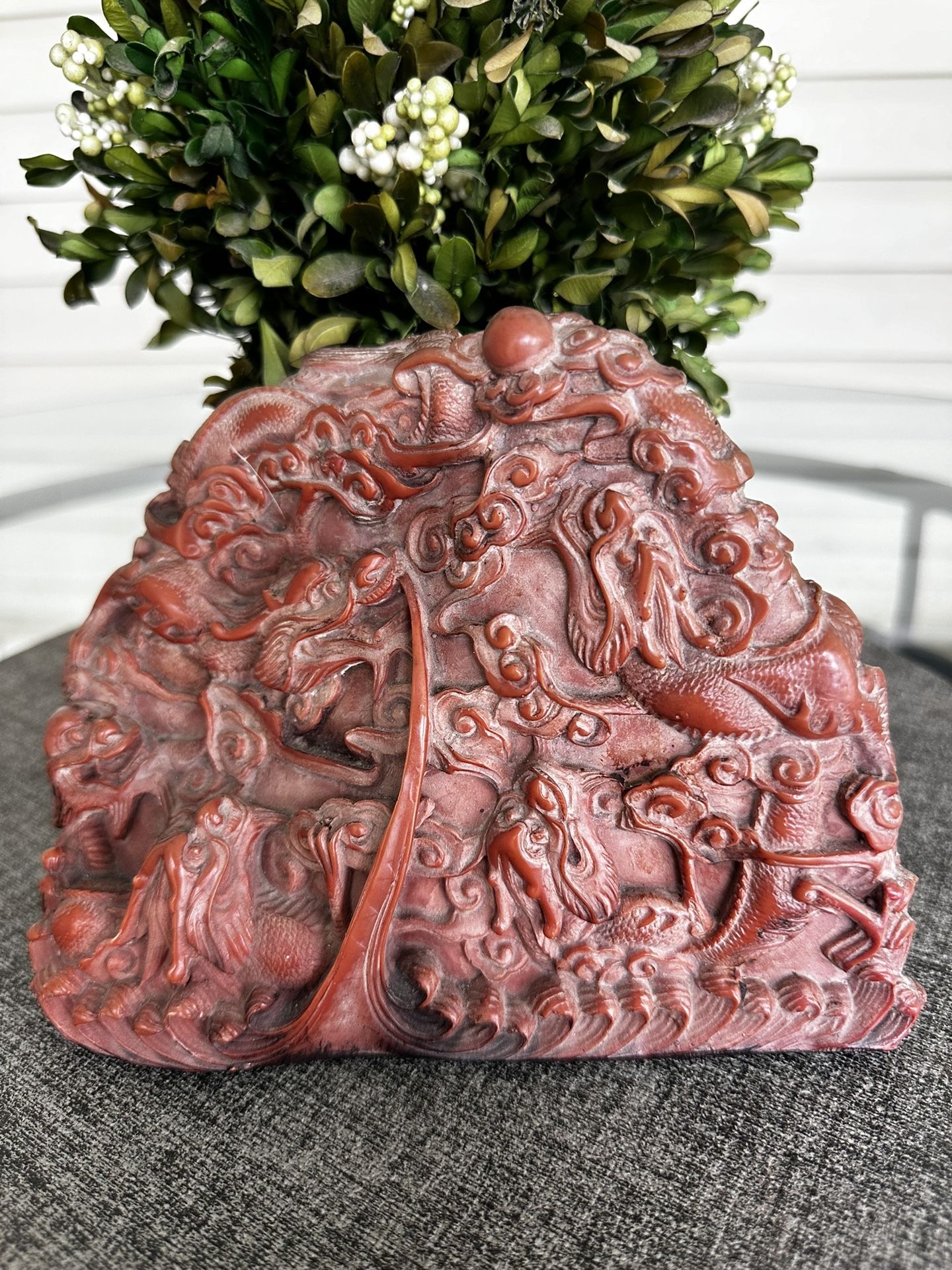 Vintage Chinese Red Faux Cinnabar Carved Lacquer Dragon Ornate Sculpture