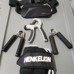 Workout Accessories: Adjustable Wrap Around Ankle Weights (1), Black Running Belt/ Waist Pack With Zipper Pocket, & 3 Hand Grip Strengtheners!