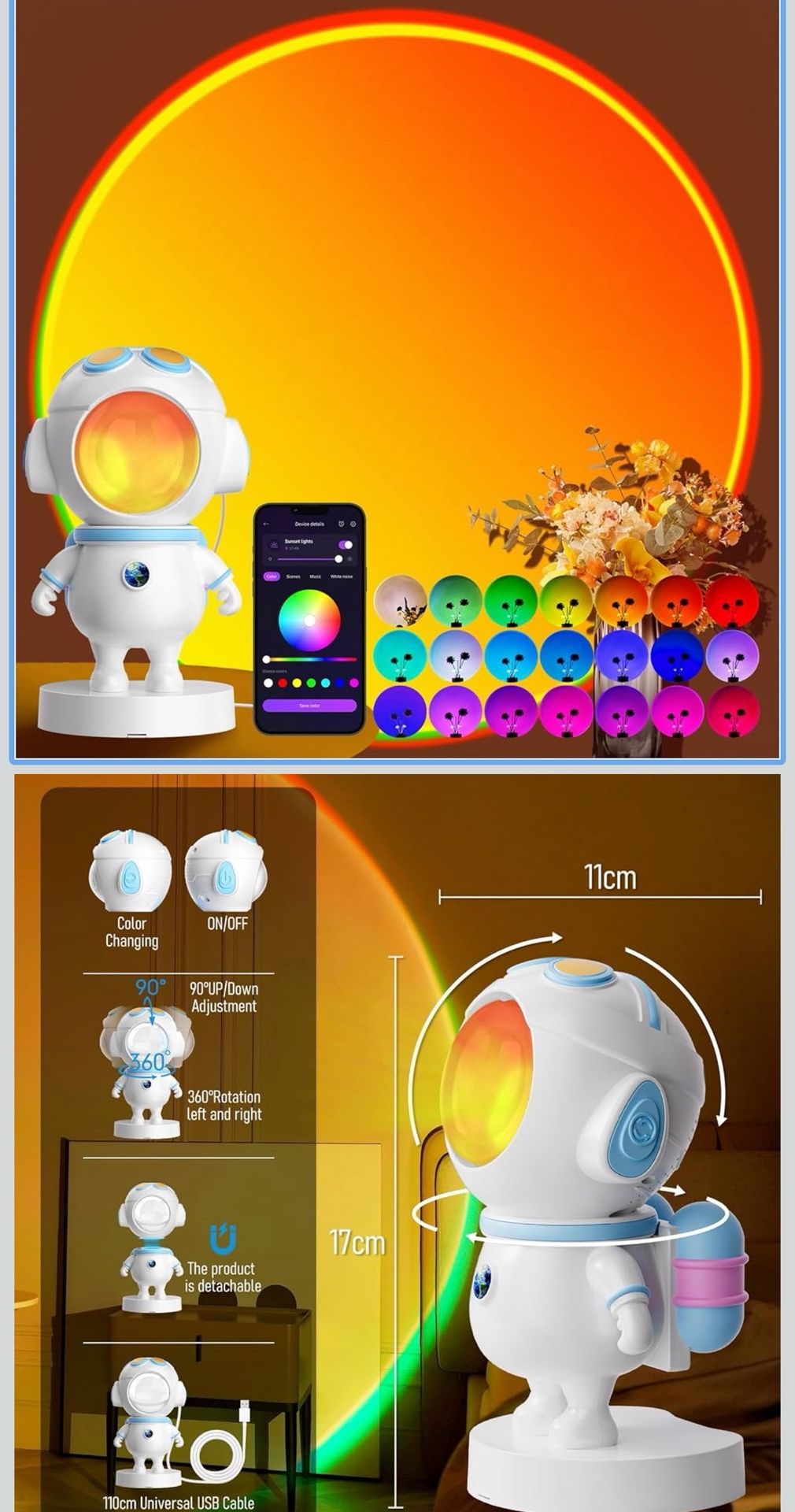 Sunset Lamp Projector with APP & Button Control,360° Adjustable Magnetic LED Head RGB Multicolor Changing Mood Light, LED Sunlight Lamp for Bedroom,Ph