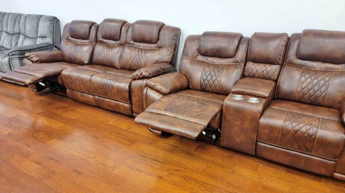 Santiago Brown, leather reclining sofa and loveseat set now only $999. Easy finance option. Same-day delivery.