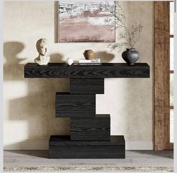 Tribesigns Console Table 108 cm, Narrow Hallway Table with Geometric Base, Wooden Sofa Table with Back Shelf & Pronounced Grain, Country House Style (