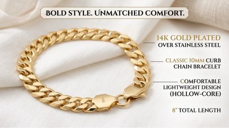 New 14K Gold Plated Stainless Steel Curb Cuban Link Bracelet 8" 10mm Lightweight