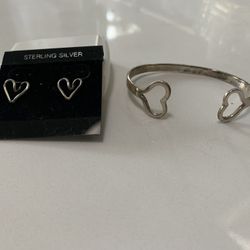 Sterling Silver Heart Bracelet And Earring Set 